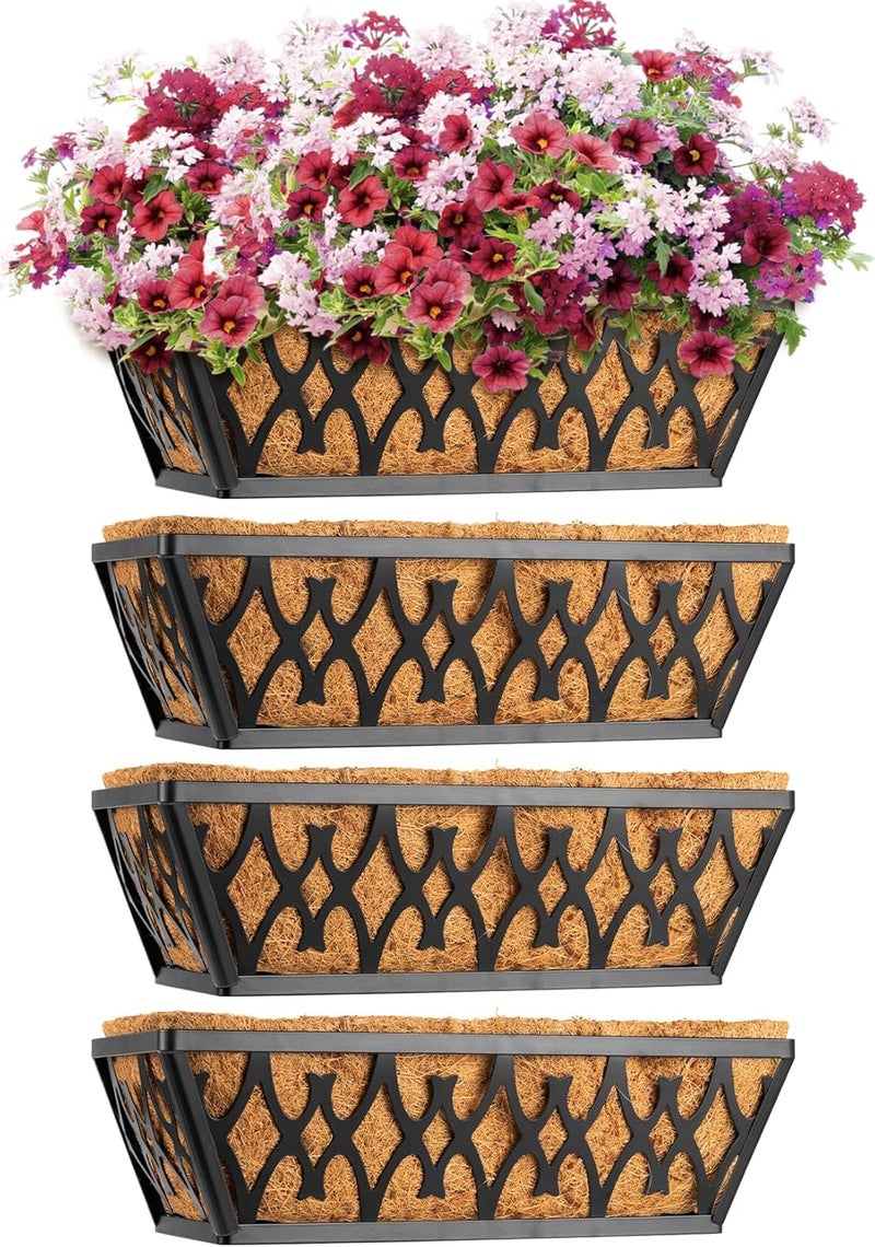Karlliu 4 Pack 14 Inch Window Boxes Planters Railing Planter Box with Coco Liners Deck Railing Planter Boxes Balcony Hanging Flower Box for Outdoor Plants Garden Decor - Image 5